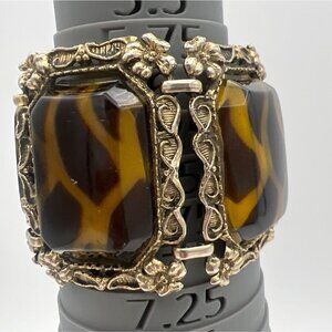 Vintage Animal Print Chunky Bracelet Lucite Brown Gold Cabochons Gold Tone  READ